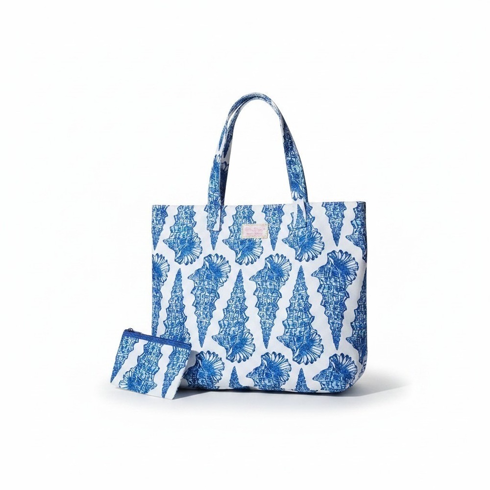 Lilly Pulitzer Estee Lauder Seashell Canvas Tote Bag & Matching Pouch Blue White